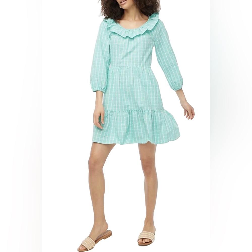 NWT J. CREW Ruffle‎ Neck 3/4 Sleeve Peplum Hem Plaid Mini Dress BP802 Size 4